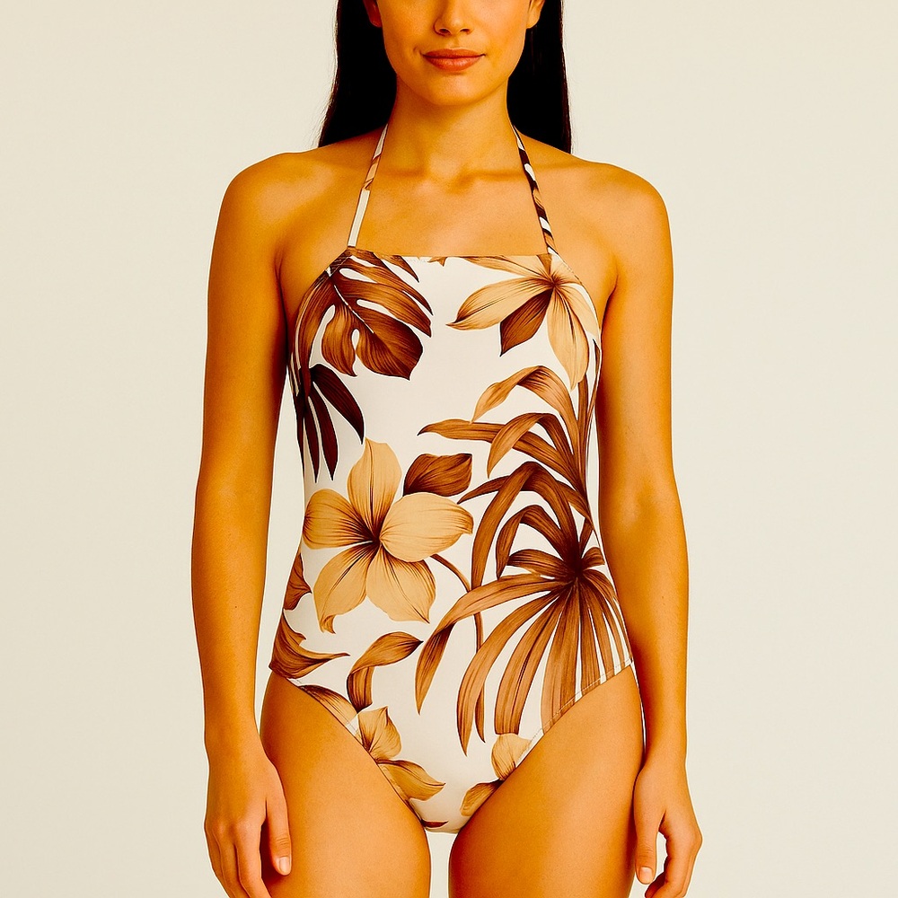 La Blanca by Rod Beattie Floral and Leafy Brown  Halter Swimsuit Size 8